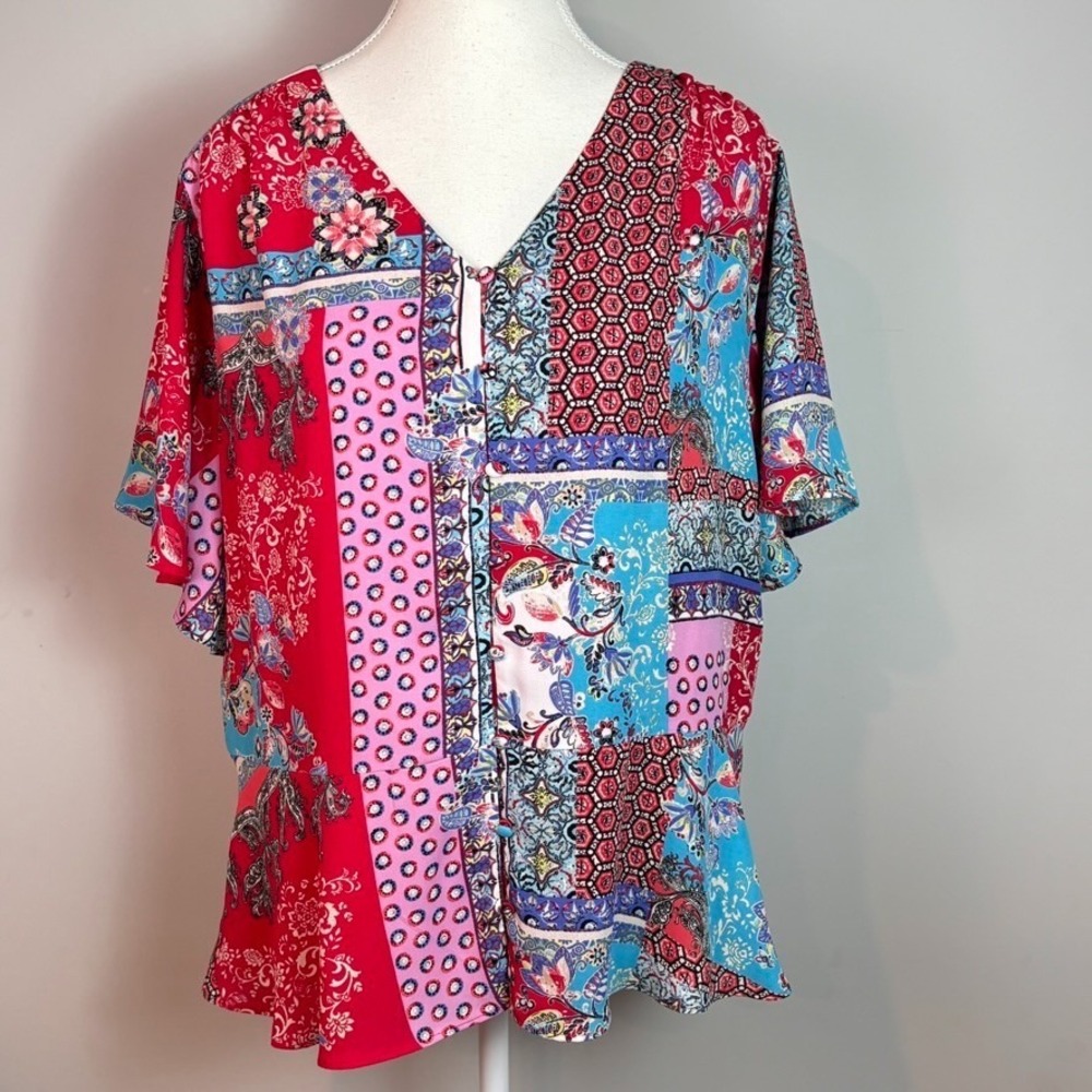 Chicos Womens patchwork colorful lined peplum top boho size 2‎ (12/14) flirty